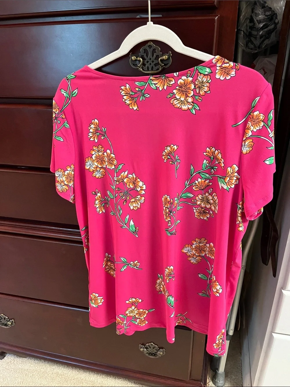 Susan Graver Hot Pink Floral Ruffle Front Short Sleeve Blouse - Picture 4 of 5